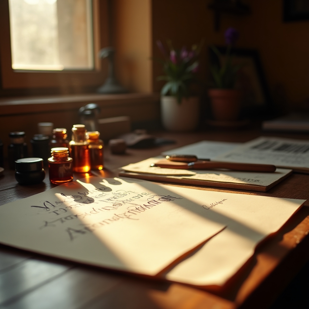 Interno dello studio di calligrafia a Verona con tavolo da lavoro, fogli e attrezzi organizzati