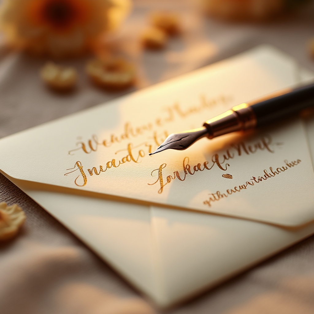 Busta di invito di matrimonio con calligrafia corsiva in inchiostro dorato su carta chiara