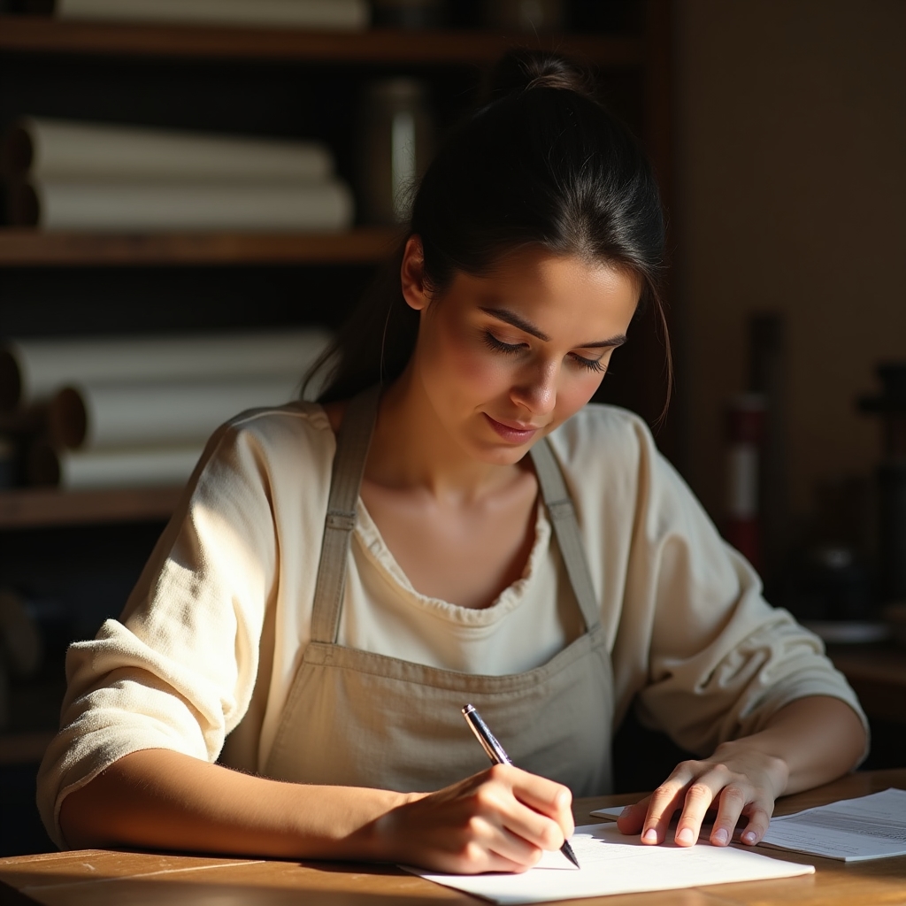 Calligrafa al lavoro con pennino su un foglio, seduta al tavolo dello studio con luce naturale laterale