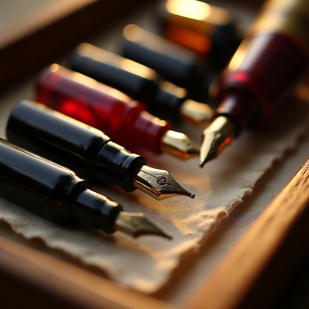Dettaglio di pennini da calligrafia, boccette di inchiostro colorato e righelli su un tavolo da lavoro