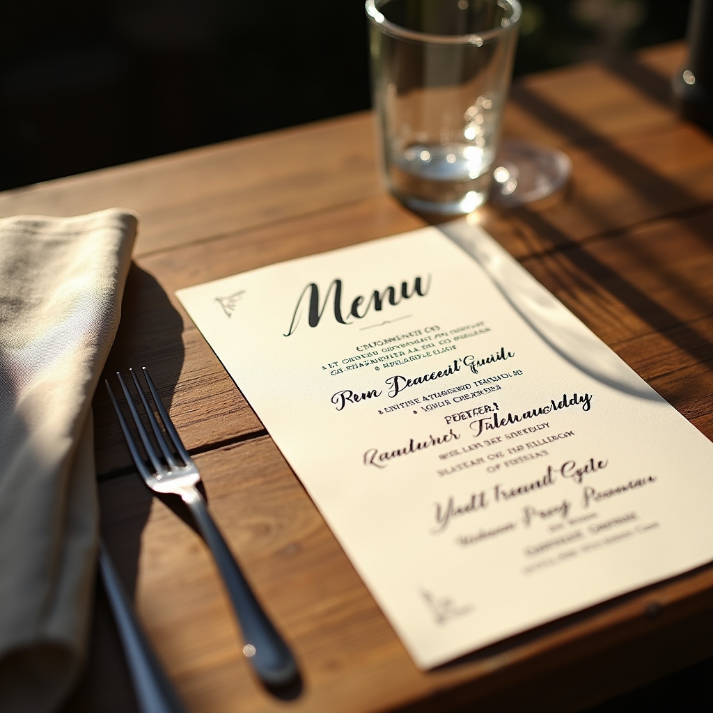 Menu di ristorante scritto a mano con calligrafia leggibile su carta pesante color crema