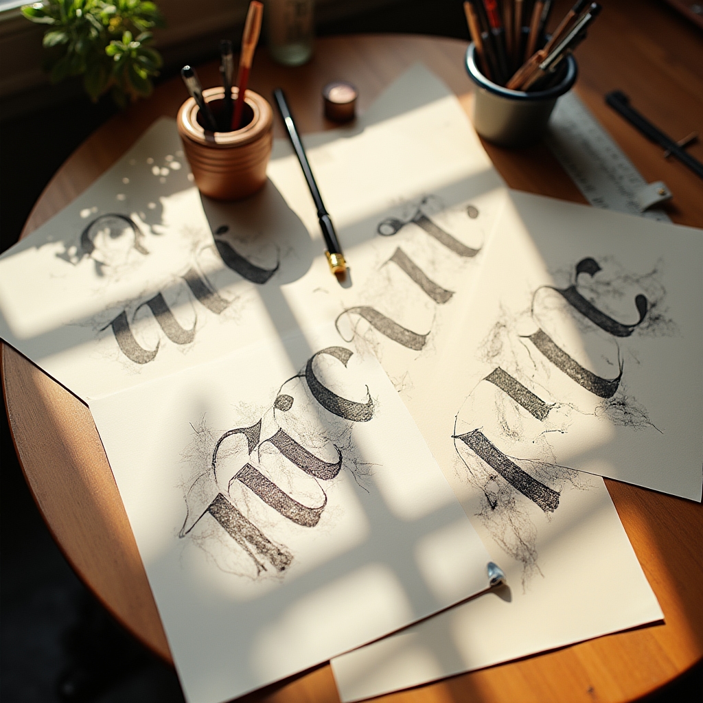 Bozze e schizzi di lettering su carta da studio, con prove di stili calligrafici diversi
